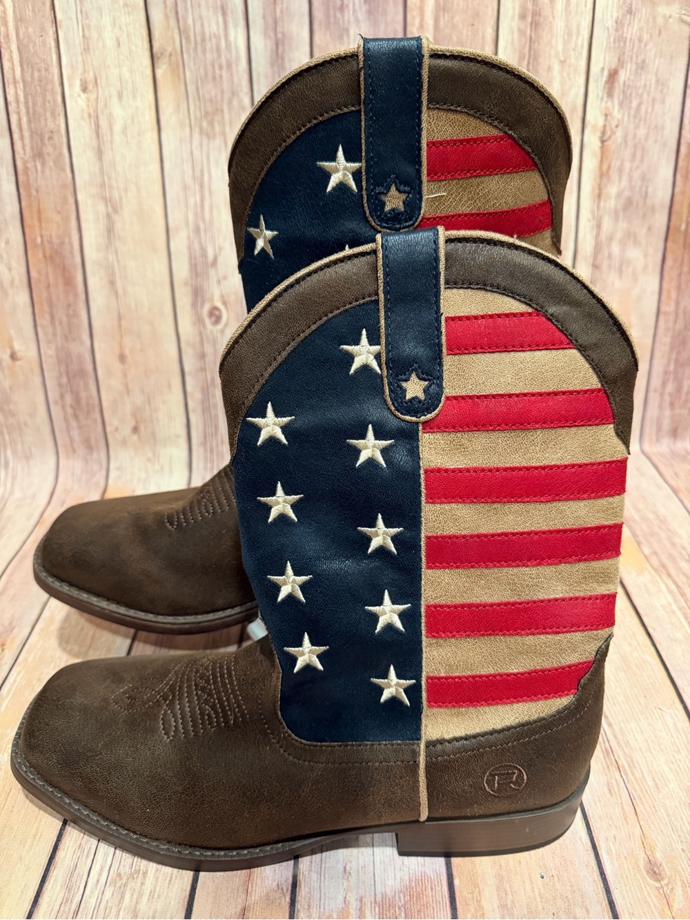 Roper Brown Western Cowboy Boots with American Flag Stars & Stripes